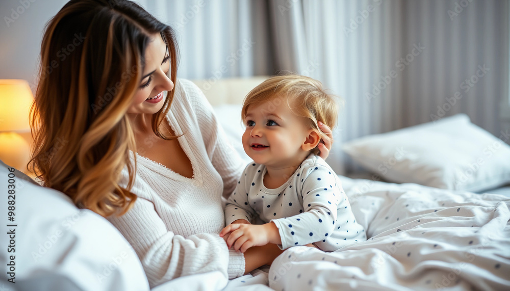 Mother putting to bed her young toddler kid , caucasian female with a child in bedroom for bedtime routine ritual Mother putting to bed her young toddler kid , caucasian female with a child in bedroom for bedtime routine ritual