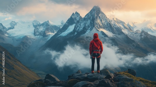 Climber climbing a dangerous mountain, wearing red jacket, cold environment surrounded by snow-capped peaks.