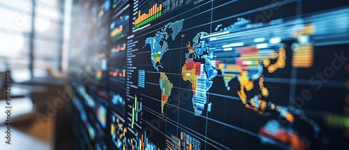 A close-up view of a digital world map with vibrant data visualization representing global connectivity and technology.