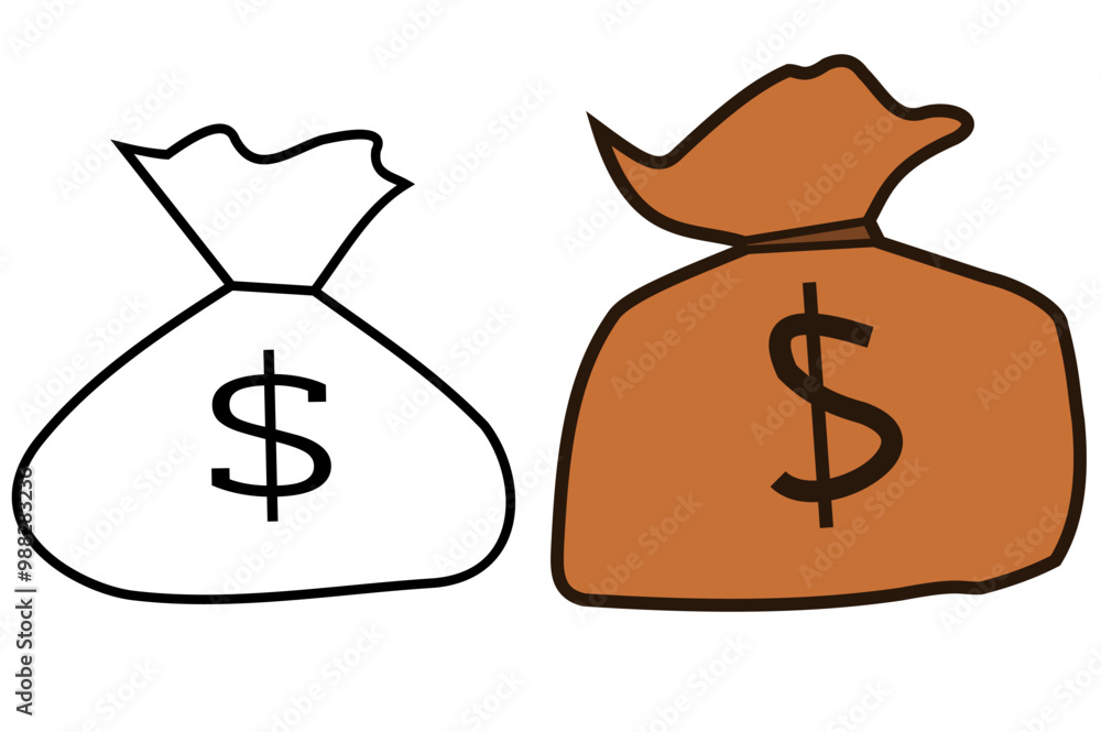White and brown money bag with dollar sign, Vector graphic of packing in bundles of bank notes isolated on white background White and brown money bag with dollar sign, Vector graphic of packing in bundles of bank notes isolated on white background