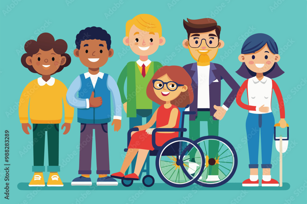 A diverse group of individuals, including one in a wheelchair, celebrates the Day of People with Disabilities, showcasing unity and inclusivity with joyful expressions. A diverse group of individuals, including one in a wheelchair, celebrates the Day of People with Disabilities, showcasing unity and inclusivity with joyful expressions.