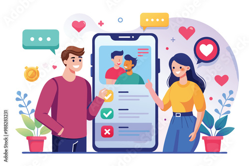 A man and woman interact while showcasing a dating app on a smartphone, highlighting modern ways to form connections and relationships.