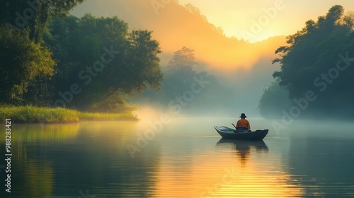 A fisherman sits in a boat and catches fish in the lake.