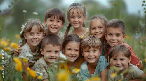 Kids having fun outdoors in summer. Group portrait of happy little school children in the park. Bunch of cheerful friends posing for a group photo, hugging, looking at the camera