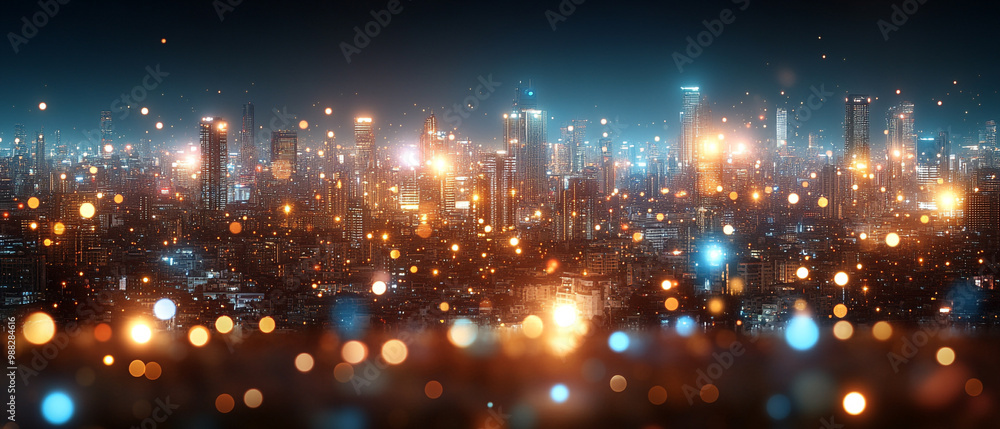 Fototapeta premium A stunning cityscape illuminated by colorful lights, capturing the vibrant energy of urban nightlife and the beauty of modern architecture.