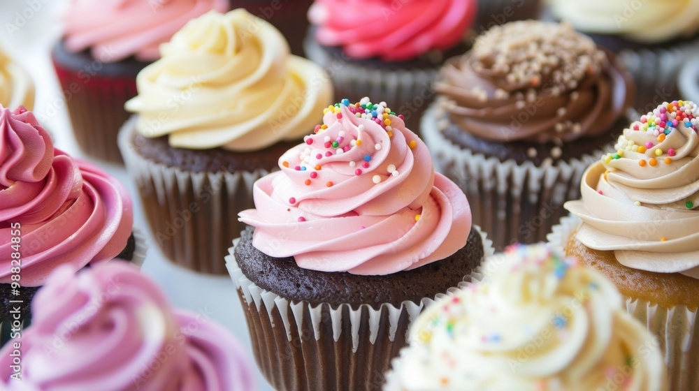 Cupcakes: Bite-sized cakes topped with buttercream frosting, offered in flavors like vanilla, chocolate, and red velvet, frequently decorated with colorful sprinkles.
