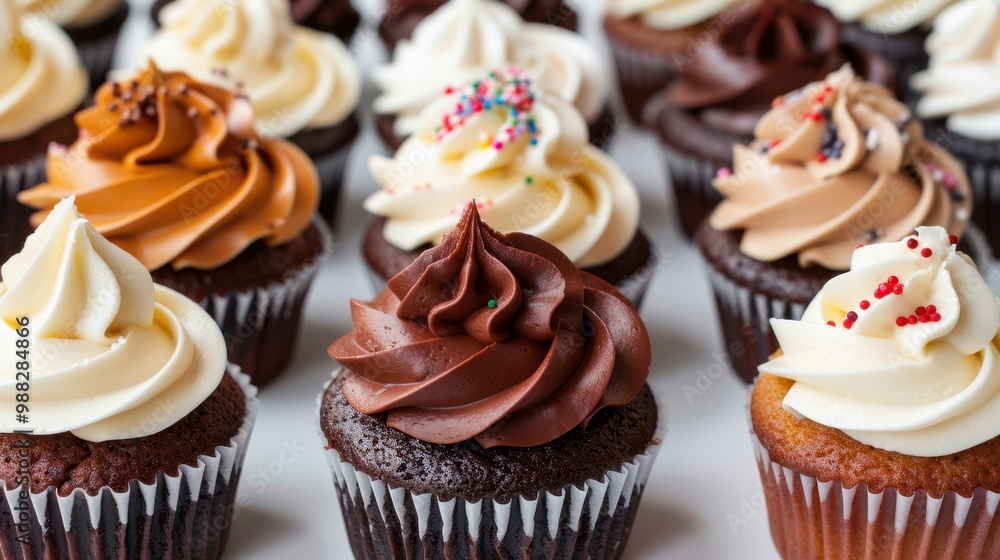 Cupcakes: Small cakes with delightful swirls of buttercream frosting, available in flavors such as vanilla, chocolate, and red velvet, often decorated with sprinkles.
Cupcakes: Small cakes with delightful swirls of buttercream frosting, available in flavors such as vanilla, chocolate, and red velvet, often decorated with sprinkles.