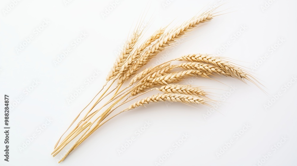 Fototapeta premium Beautiful golden wheat stalks arranged on a plain background showcasing nature's bounty and the harvest season