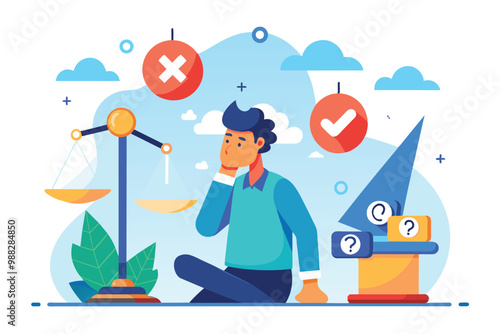A man contemplates decision fatigue, surrounded by symbols of choices and consequences, highlighting the stress of making critical decisions.