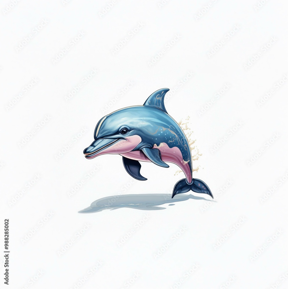 Fototapeta premium A cartoon dolphin leaps out of the water, with splashes trailing behind.