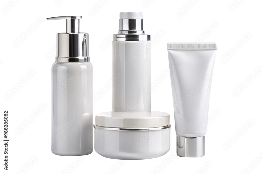 A sophisticated white skincare set with a pump bottle, tube, and jar, highlighted with silver, offering a luxurious experience, on a transparent background A sophisticated white skincare set with a pump bottle, tube, and jar, highlighted with silver, offering a luxurious experience, on a transparent background