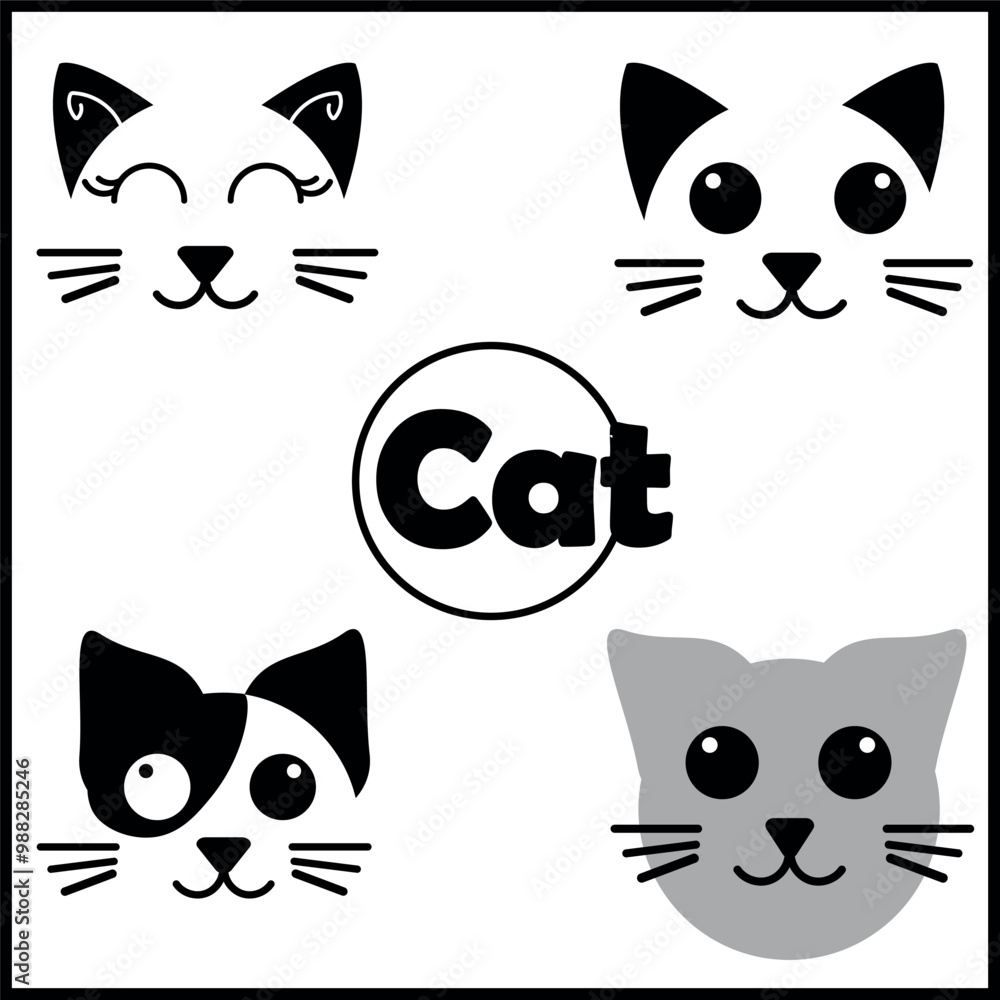 Fototapeta premium Cat icons collection. Kittens emoji symbols set. Black and white simple outline cats head emoticon pictures. Vector isolated.Home pet veterinary clinic icon.cat icon over white background. 