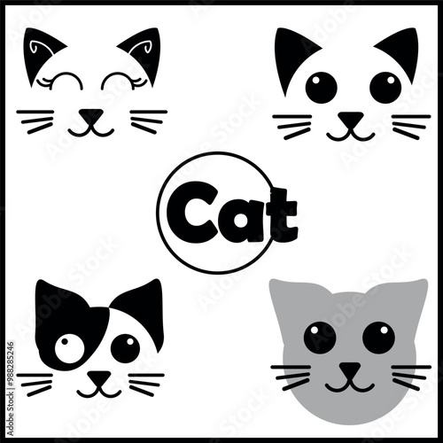 Cat icons collection. Kittens emoji symbols set. 
Black and white simple outline cats head emoticon pictures.  Vector isolated.Home pet veterinary clinic icon.cat icon over white background.  photo