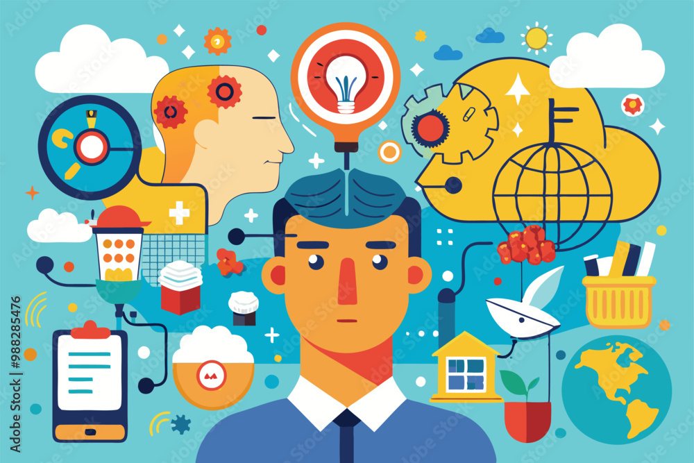 A person stands in front of various graphics representing mental clarity, organization, and productivity techniques designed to declutter the mind. A person stands in front of various graphics representing mental clarity, organization, and productivity techniques designed to declutter the mind.