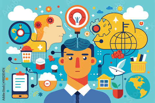 A person stands in front of various graphics representing mental clarity, organization, and productivity techniques designed to declutter the mind.