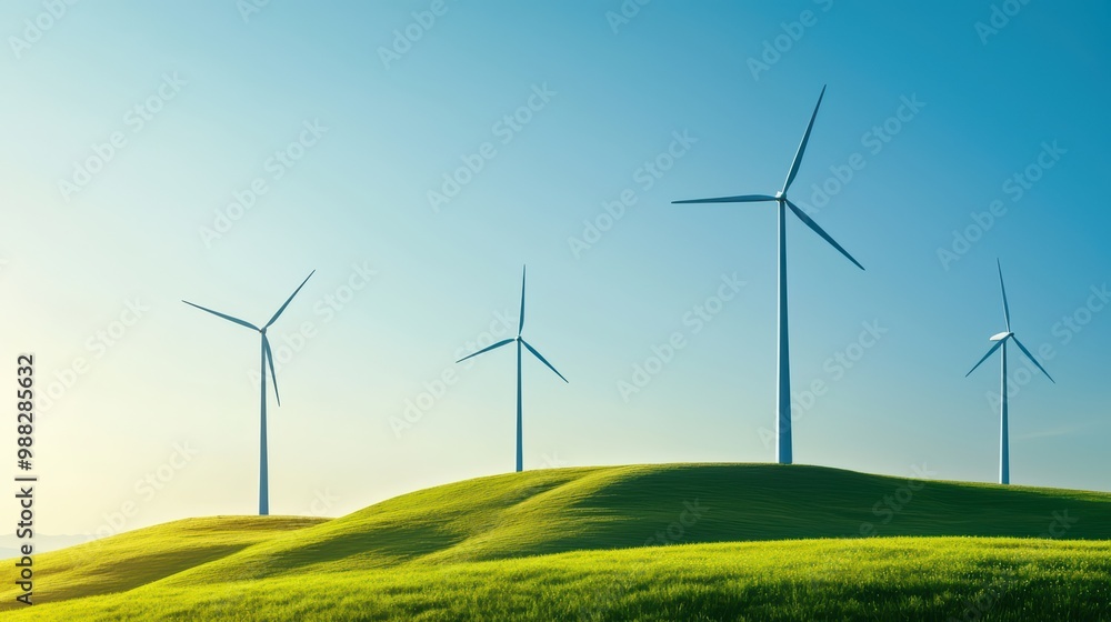 Wind Turbines on Rolling Green Hills Under Clear Blue Sky - Renewable Energy Concept Wind Turbines on Rolling Green Hills Under Clear Blue Sky - Renewable Energy Concept