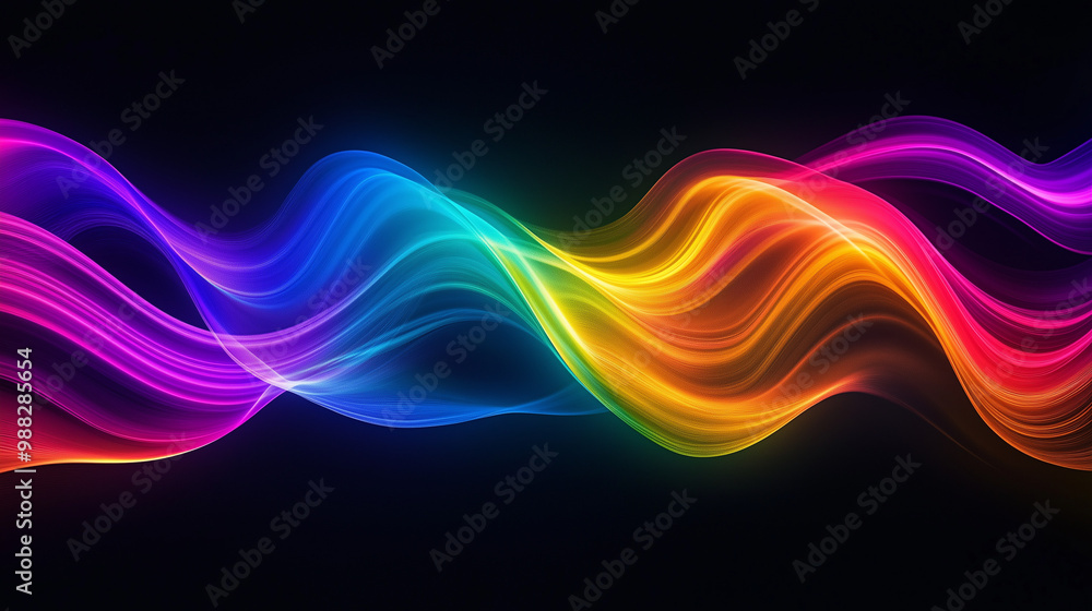 Abstract background featuring colorful rainbow light waves on a black backdrop, fluid lines, motion blur, bokeh effect, and vibrant colors with cinematic lighting. Abstract background featuring colorful rainbow light waves on a black backdrop, fluid lines, motion blur, bokeh effect, and vibrant colors with cinematic lighting.
