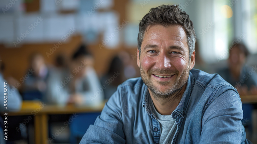 A happy teacher in the background of a classroom at school. A happy teacher in the background of a classroom at school.
