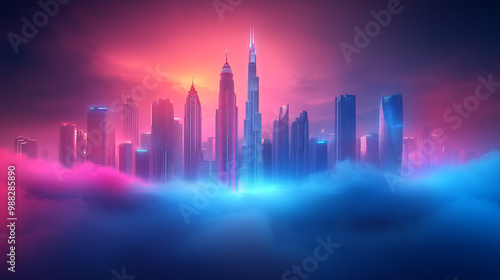 A vibrant, futuristic city skyline illuminated by neon lights, emerging from a colorful mist at sunset.