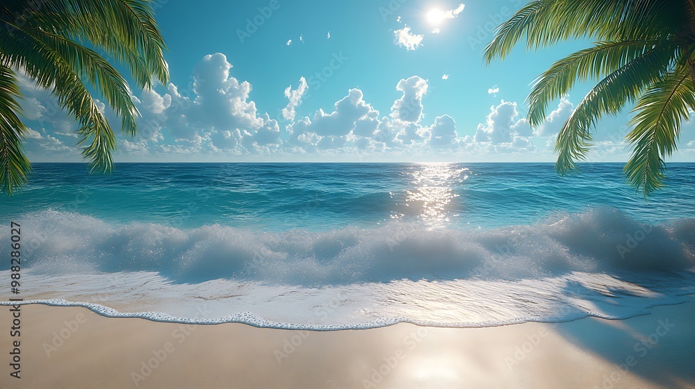 A picturesque beach scene with white sand, turquoise water, and palm trees. A picturesque beach scene with white sand, turquoise water, and palm trees.