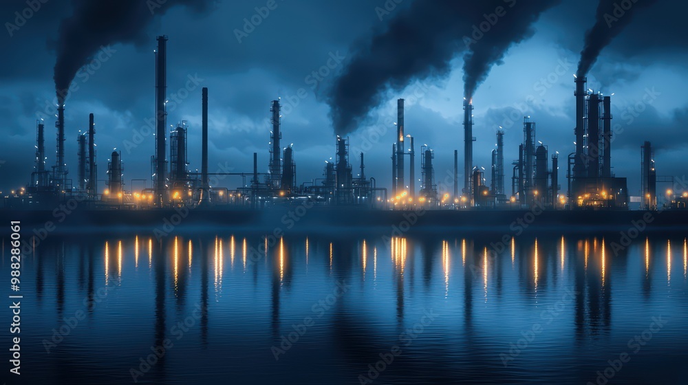 Obraz premium Industrial Refinery at Night with Smoke Stacks and Reflections on Water Under a Cloudy Sky