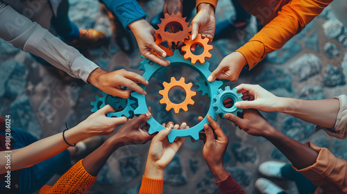 Overhead view on diverse business team people hands holding gear wheels finding working solutions. Power partnership, engineering teamwork, manage team work and company activities