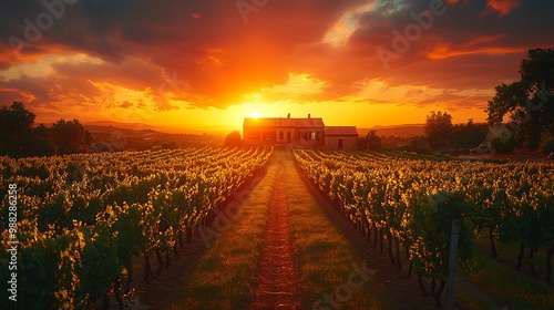 A picturesque vineyard at sunset with a charming house in the background.