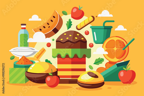 A colorful, cartoon-style illustration showcases deconstructed food items like burgers, fruits, and drinks arranged in an engaging, customizable layout.