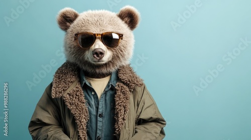 Trendy bear showcasing a fashionable outfit jacket shirt and sunglasses Vertical layout featuring space for text above Chic animal striking a supermodel pose