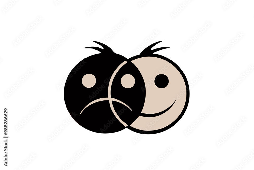 Fototapeta premium A stylized black and beige icon featuring a sad face merging with a happy face, symbolizing dual emotions or contrasting states, on a transparent background