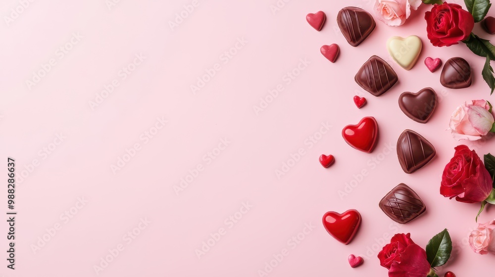 Valentine's Day Background with Assorted Heart-Shaped Chocolates and Roses on Pink Surface Valentine's Day Background with Assorted Heart-Shaped Chocolates and Roses on Pink Surface