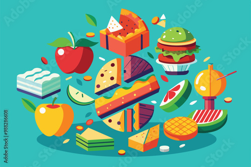 A creative display of deconstructed food items, showcasing various customizable components arranged in a playful and colorful manner.