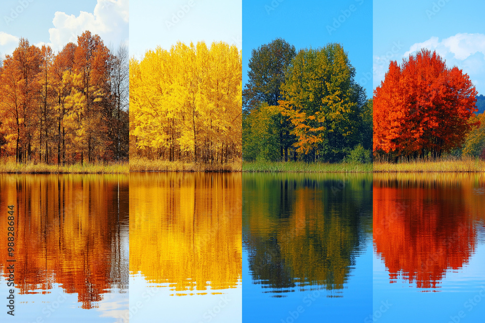 Obraz premium Four Seasons in One Image reflected in a still lake