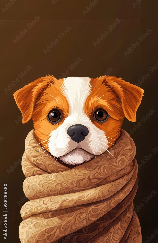 Chubby puppy wrapped in a cozy scarf, adorable and cuddly, flat design illustration Chubby puppy wrapped in a cozy scarf, adorable and cuddly, flat design illustration