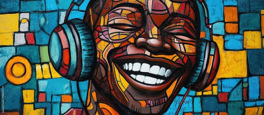 Obraz premium Happy African American man enjoying modern music on the street wearing headphones and experiencing outdoor joy in his daily life