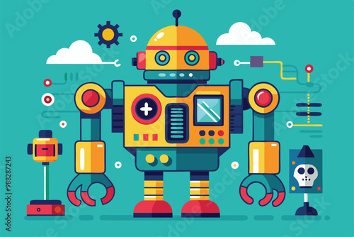 A vibrant robot stands prominently with various mechanical components and accessories in a playful, imaginative environment.