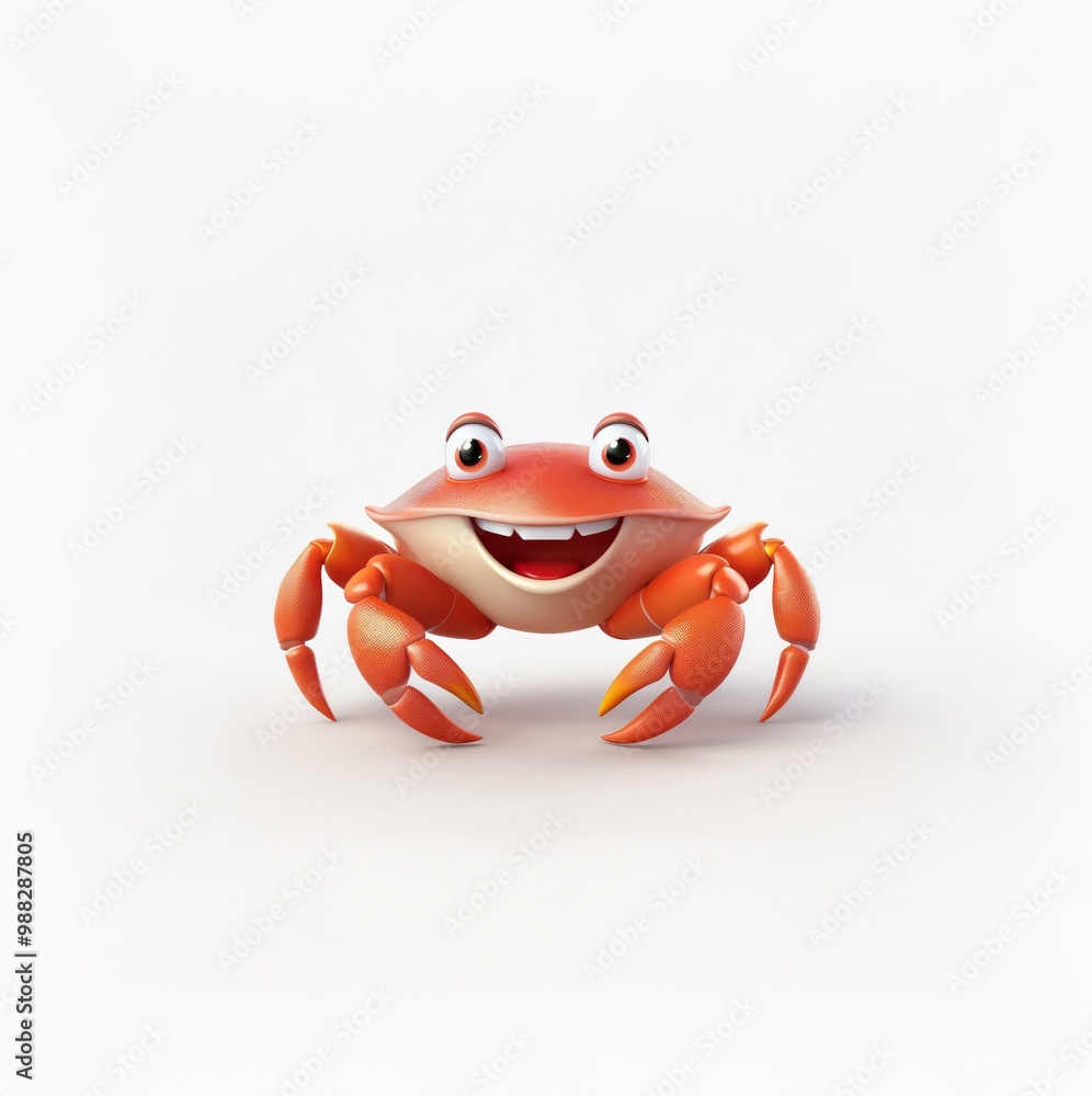A red cartoon crab with large eyes and a wide smile sits in front of a white background. A red cartoon crab with large eyes and a wide smile sits in front of a white background.
