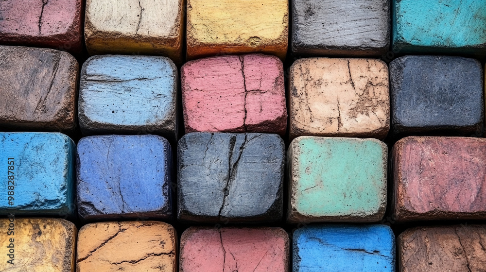 Fototapeta premium Colorful chalk pieces arranged neatly, showcasing vibrant hues and textures. Perfect for educational themes or artistic projects.