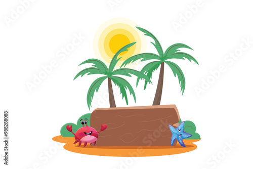 Cheerful crab and starfish standing in front of a wooden signboard, with palm trees, bushes and sun on the background