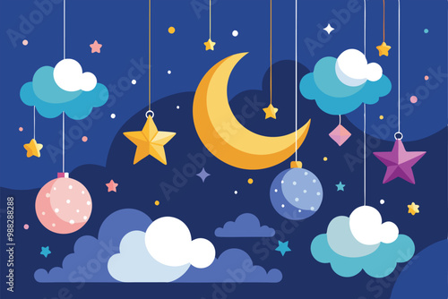 Brightly colored decorations of moons, clouds, stars, and ornaments create a whimsical nighttime atmosphere.