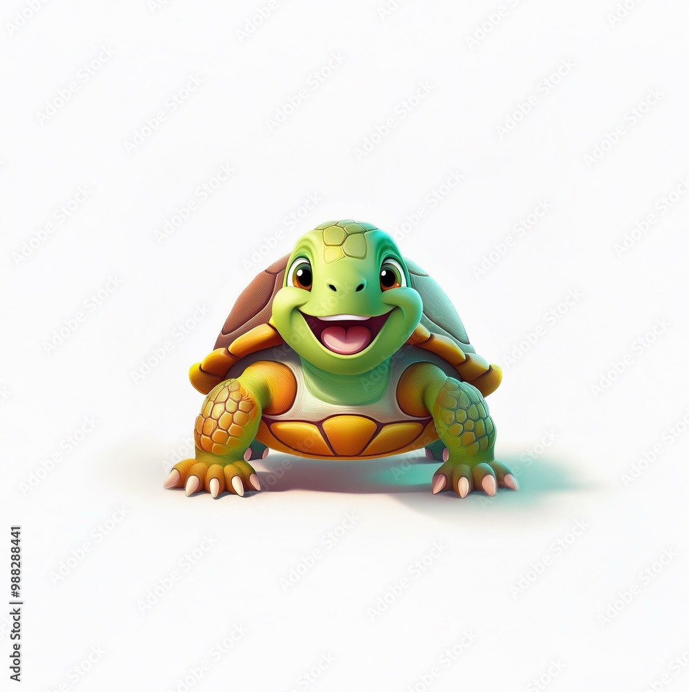 Fototapeta premium A cartoon turtle with a green shell and a happy expression.