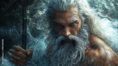 A powerful, muscular, bearded man with blue eyes and white hair, wielding a trident, emerges from the waves.