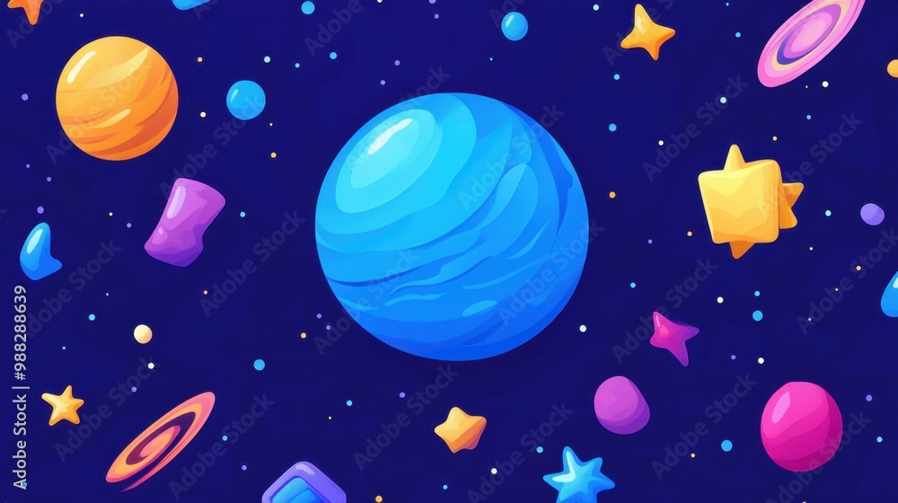 Explore a vibrant blue planet filled with charming icons, brought to life in a sleek, modern cartoonstyle illustration. Explore a vibrant blue planet filled with charming icons, brought to life in a sleek, modern cartoonstyle illustration.
