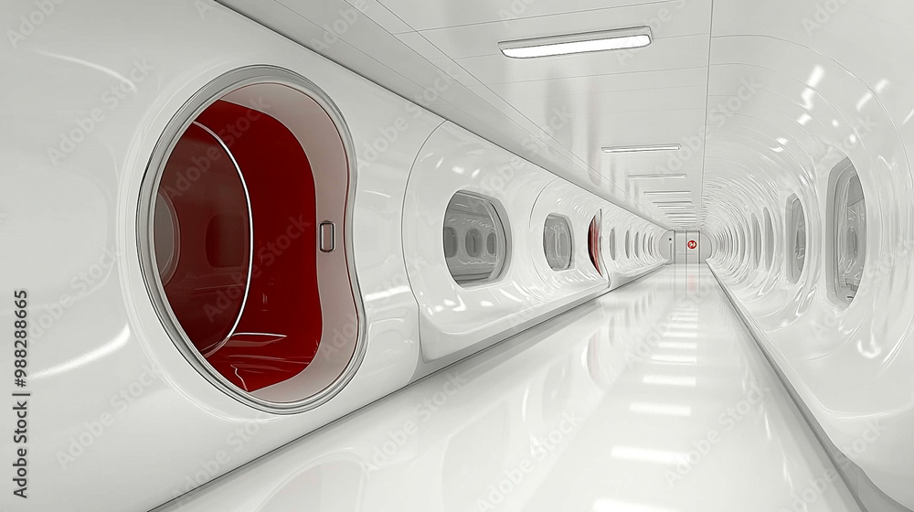 Obraz premium Futuristic capsule hotel interior featuring sleek white walls and cozy red pods, ideal for modern travel and accommodation.