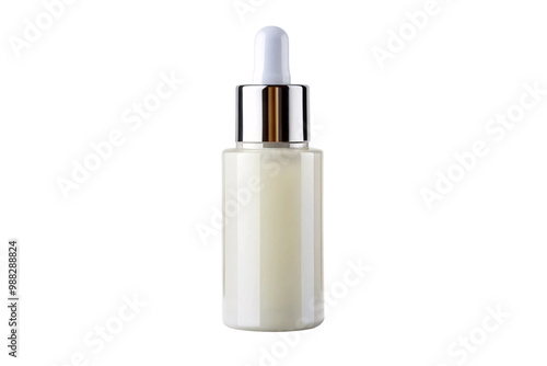 A sleek, white dropper bottle with a metallic cap, designed for skincare or essential oils, emphasizing simplicity and elegance in design, on a transparent background