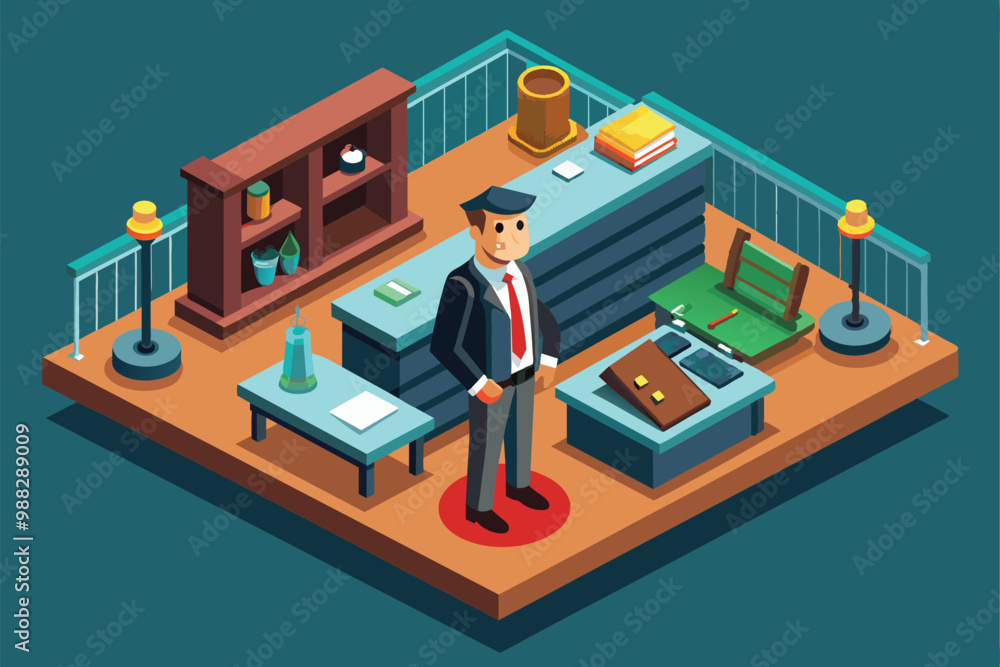 A customizable isometric illustration shows a defendant standing in a courtroom beside a desk filled with legal materials, ready for trial. A customizable isometric illustration shows a defendant standing in a courtroom beside a desk filled with legal materials, ready for trial.