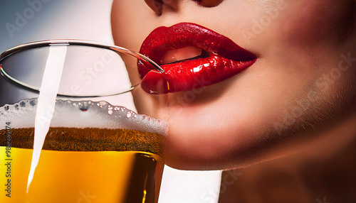 Primer plano de labios bebiendo y saboreando una cerveza servida en copa de vidrio. Beber, alcohol, fiesta, degustación
