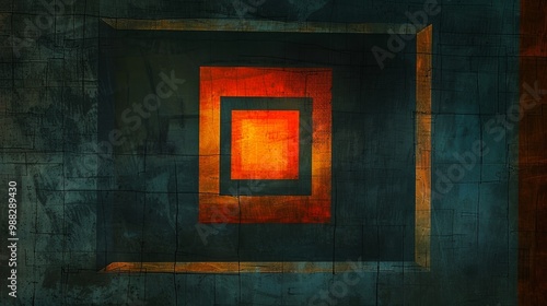 Abstract Grunge Background, Concentric Rectangles, Geometric Design, Texture, Dark, Orange, Blue