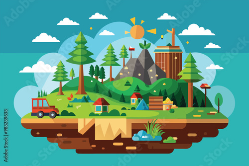 Deforestation's effects, contrasting vibrant forests with areas of clear-cut land and nearby development.