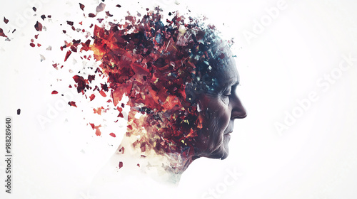 Abstract visual illustration representing dementia on a white background, depicting the disintegration of the human mind and cognitive decline through artistic and symbolic imagery.